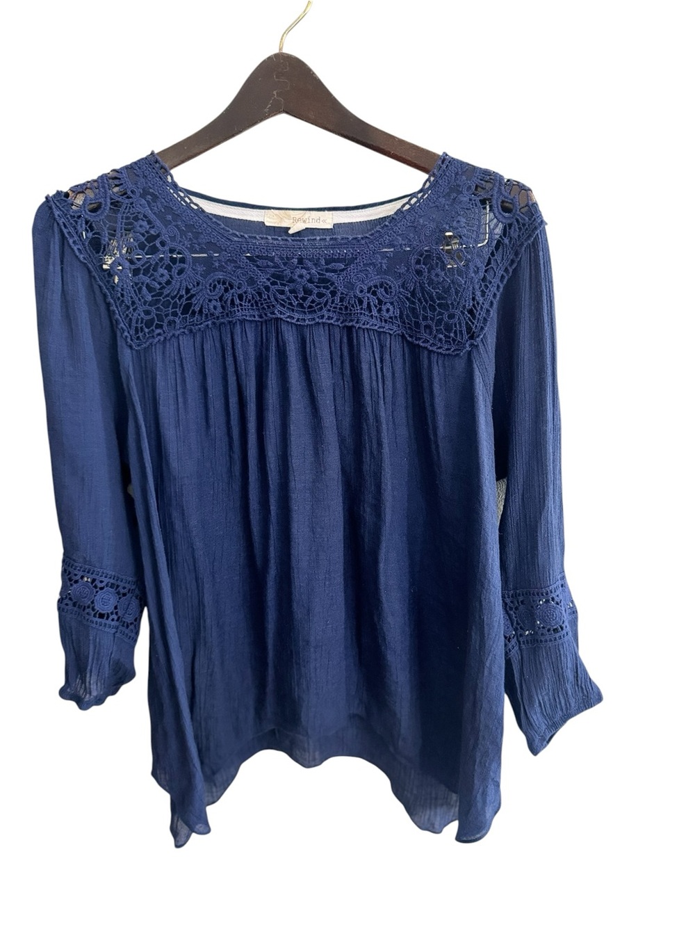 Rewind Navy Blue Boho Crochet Lace Peasant Top Medium